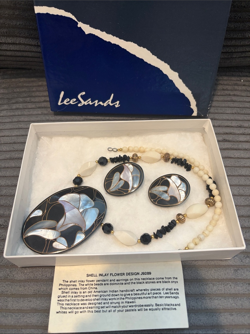 Lee Sands Black and Mother-of-Pearl Inlay Floral Necklace & Earrings